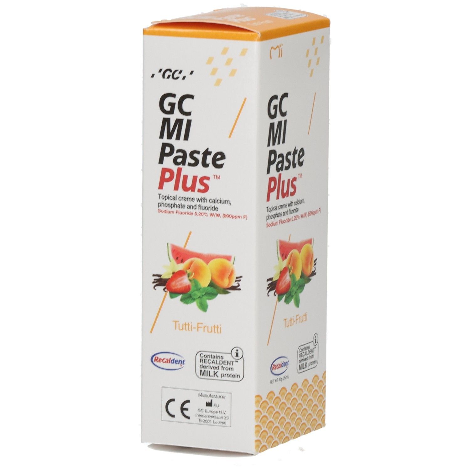 Emballage de GC MI Paste Plus Tutti Frutti, vue avant et latérale avec images de fruits.