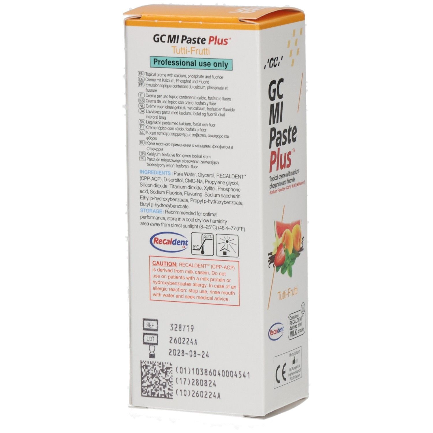 Arrière de l'emballage GC MI Paste Plus Tutti Frutti avec instructions d'utilisation détaillées.