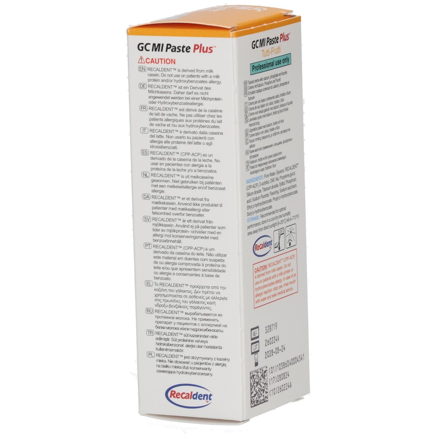 Vue latérale de l'emballage GC MI Paste Plus Tutti Frutti avec avertissements multilingues.