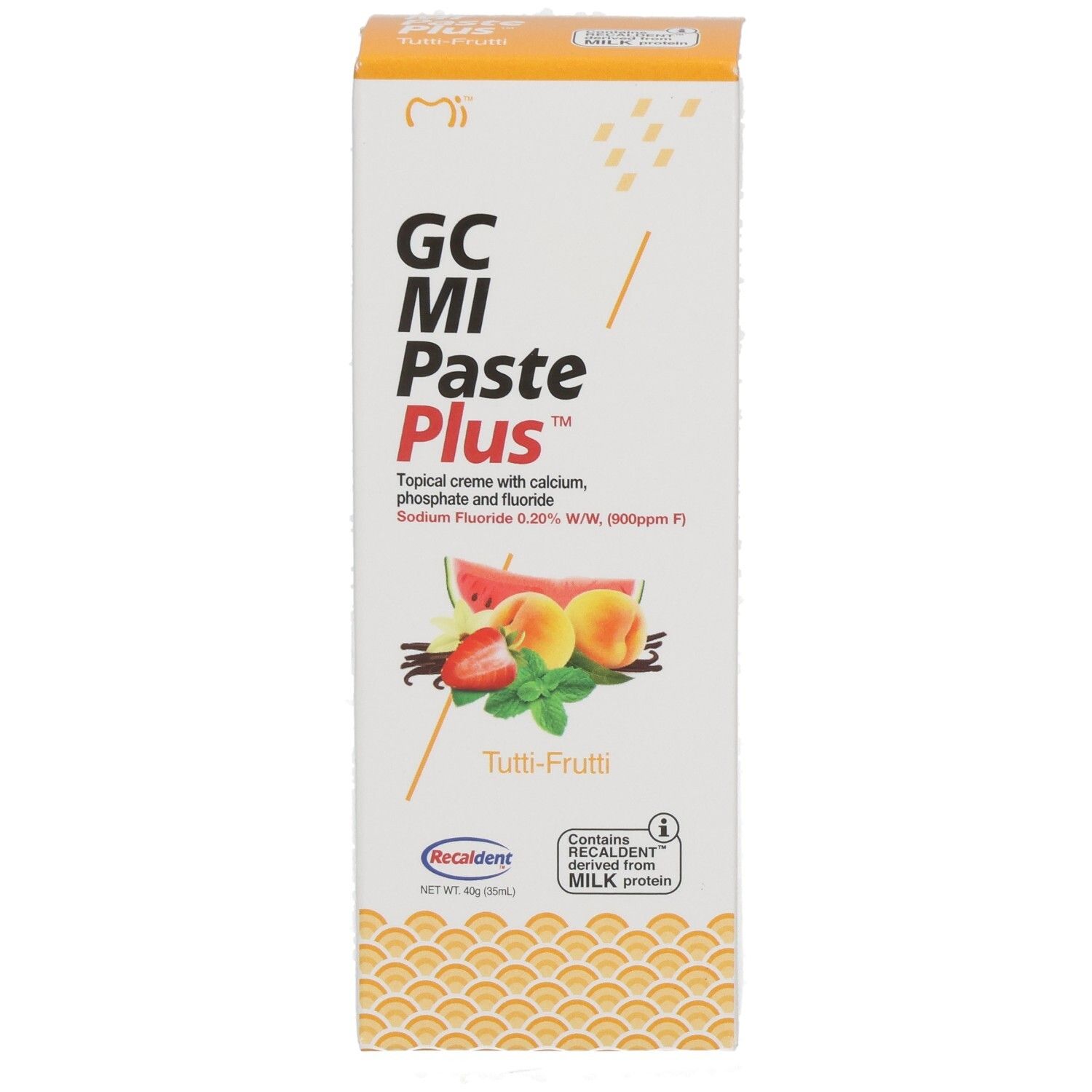Face avant de l'emballage GC MI Paste Plus Tutti Frutti avec images de fruits et nom du produit.