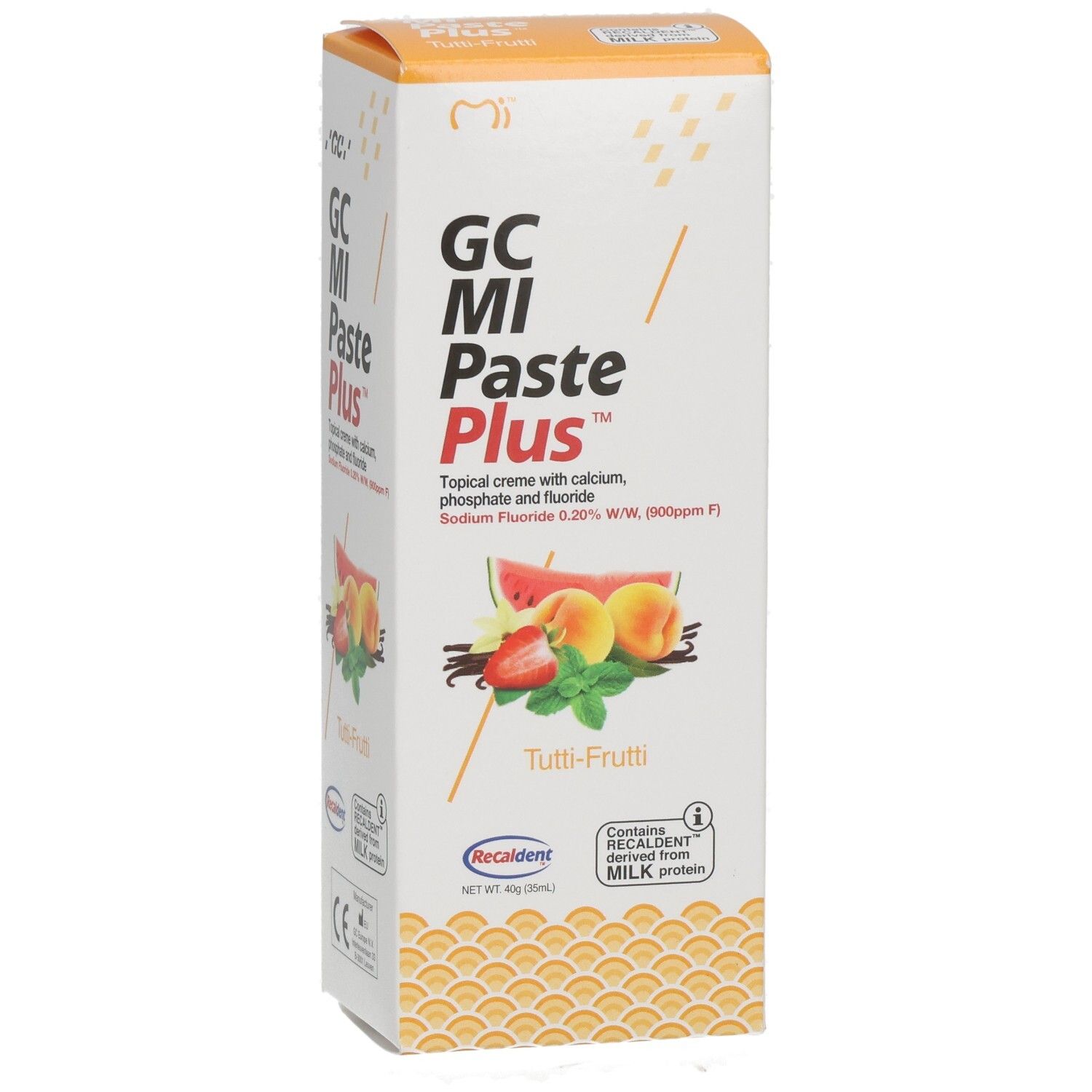 Emballage de GC MI Paste Plus Tutti Frutti, vue de face avec images de fruits et détails.