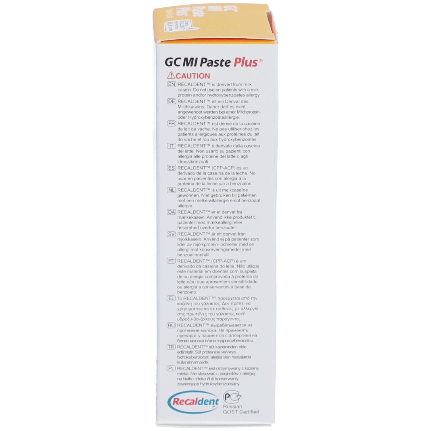Arrière de l'emballage GC MI Paste Plus Tutti Frutti avec avertissements multilingues et marquage CE.