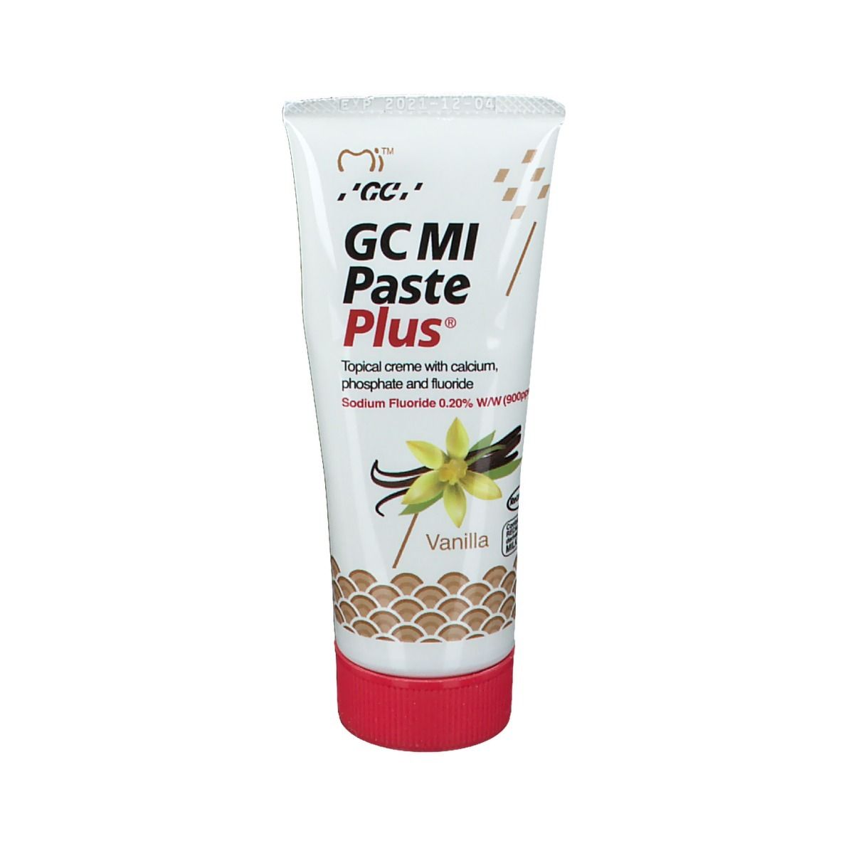 Tube de crème topique GC MI Paste Plus Vanille. Blanche, bouchon rouge. Nom du produit et ingrédients imprimés.