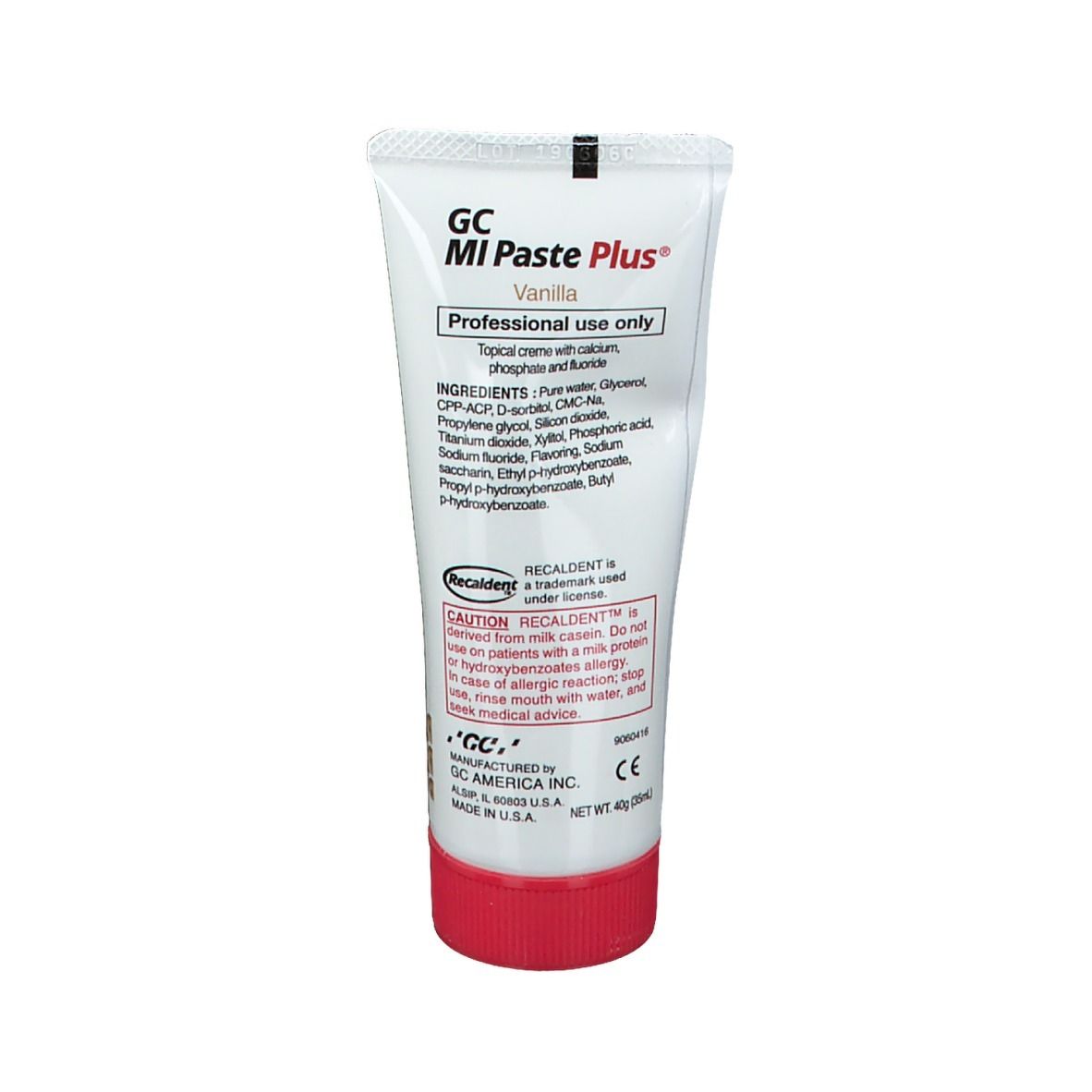 Dos du tube GC MI Paste Plus Vanille. Ingrédients et avertissements. Bouchon rouge.