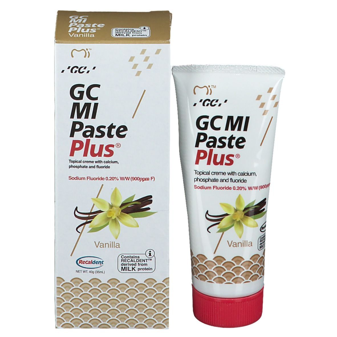 Emballage et tube GC MI Paste Plus Vanille. Emballage blanc avec nom du produit. Tube avec bouchon rouge.