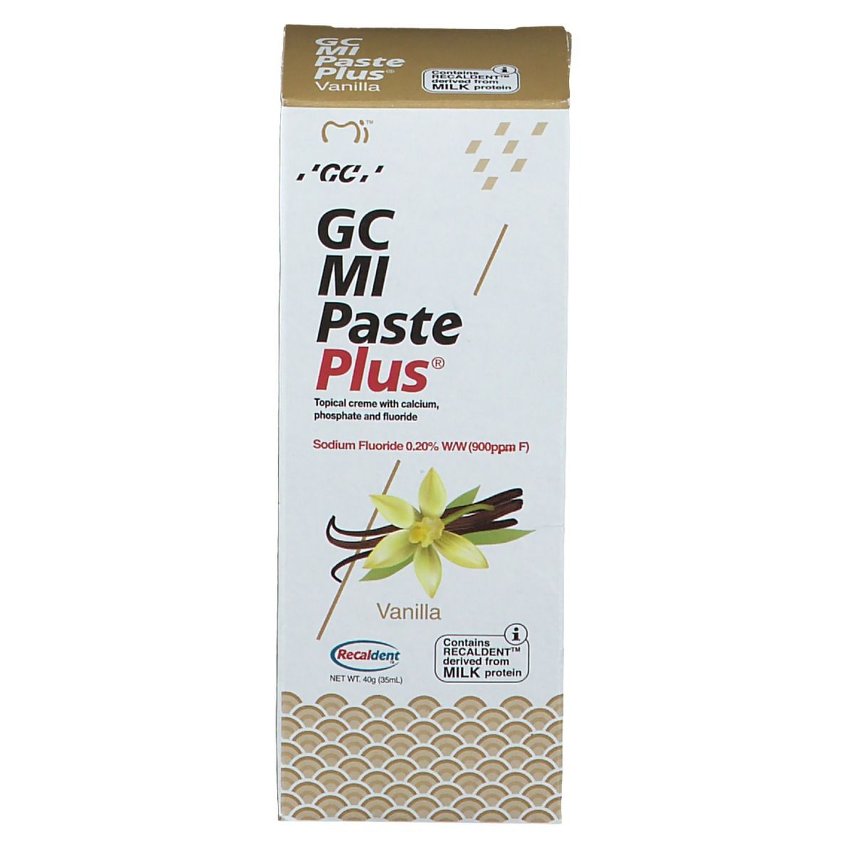 Emballage GC MI Paste Plus Vanille. Blanc, avec nom du produit et ingrédients. Couvercle doré.