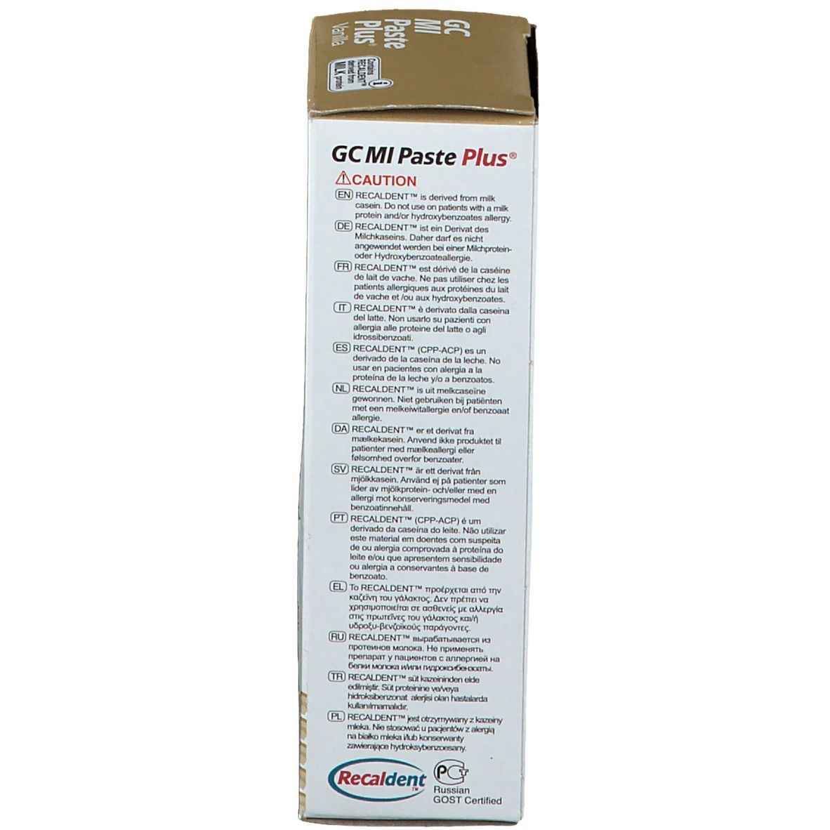 Côté de l'emballage GC MI Paste Plus Vanille. Contient des avertissements et des informations. Couvercle doré.