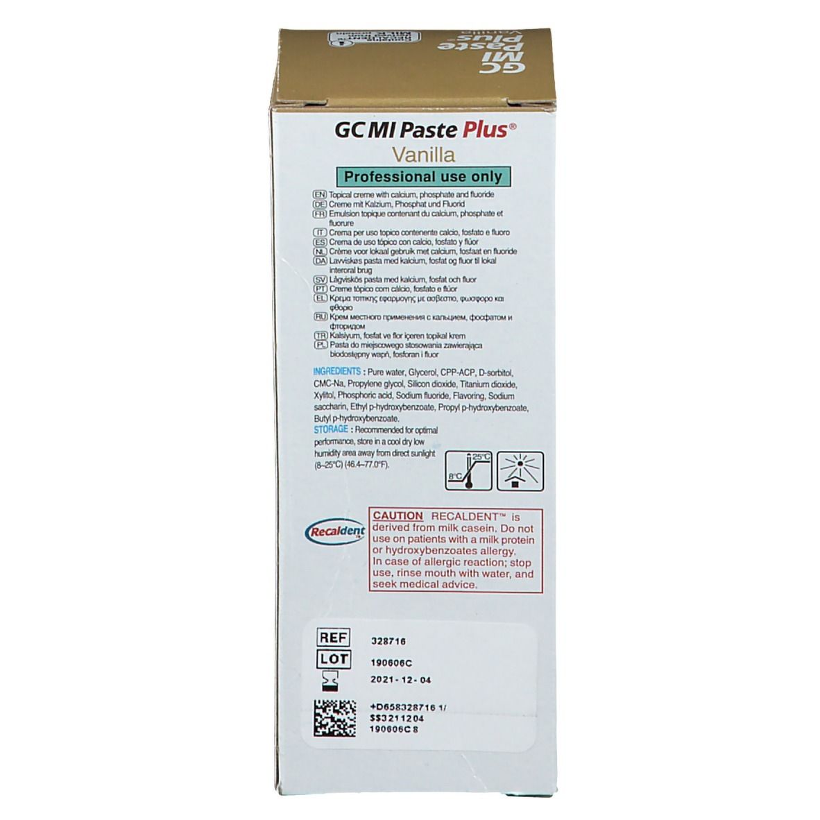 Dos de l'emballage GC MI Paste Plus Vanille. Ingrédients, avertissements et numéro de lot. Couvercle doré.