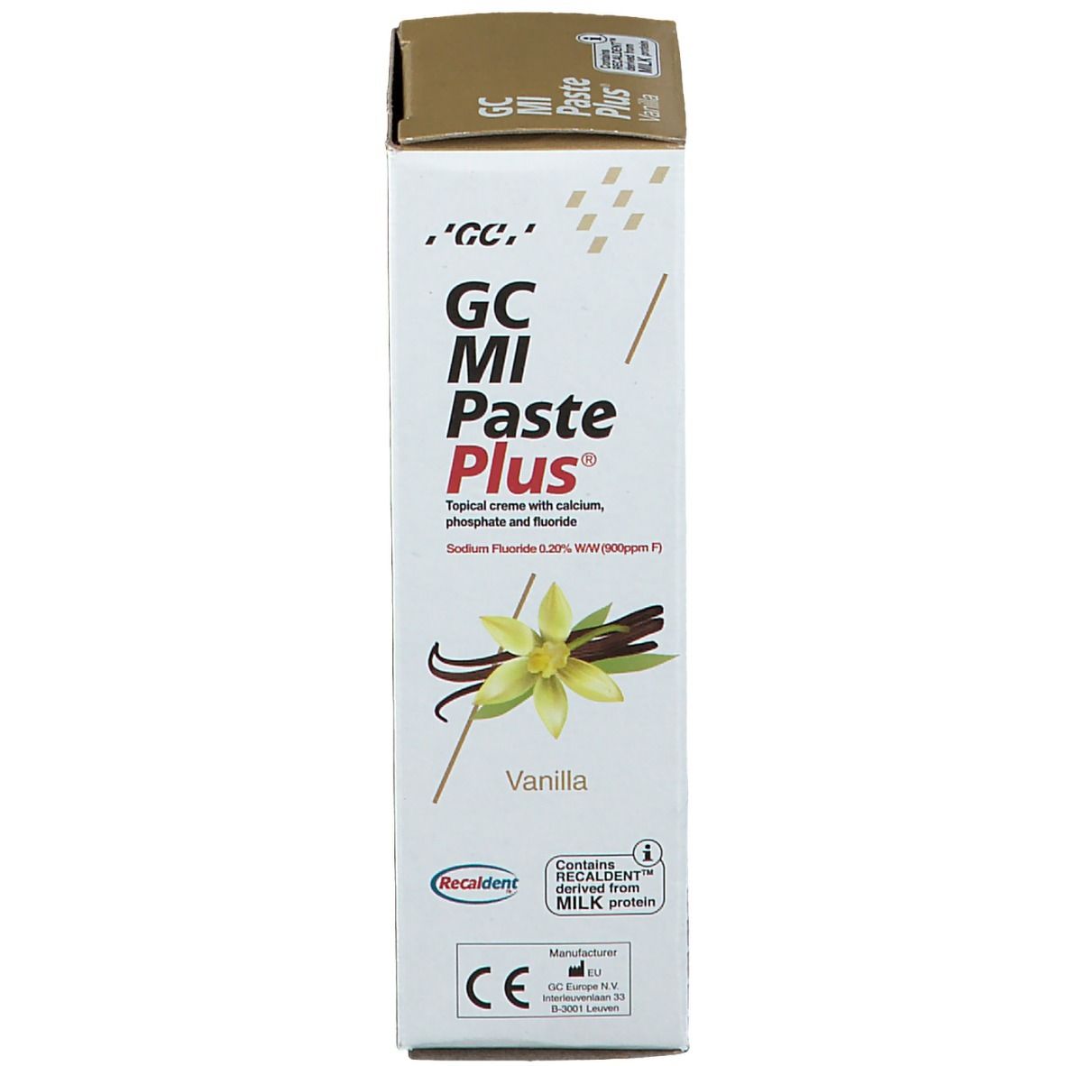 Emballage GC MI Paste Plus Vanille. Blanc, avec nom du produit et ingrédients. Couvercle doré. Marquage CE.
