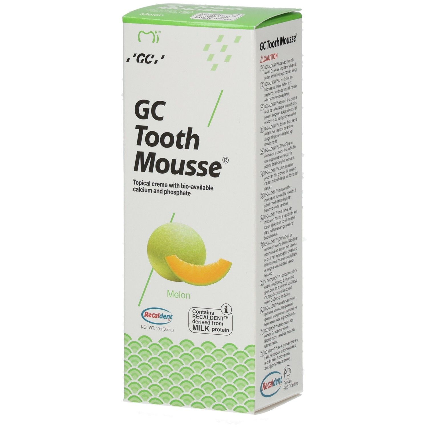 Tube de crème dentaire saveur melon. Contient calcium et phosphate. Marque: GC Tooth Mousse.