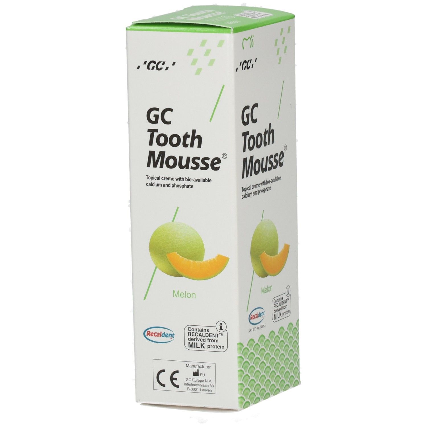 Boîte de GC Tooth Mousse, saveur melon. Contient calcium et phosphate. Avec protéine de lait.