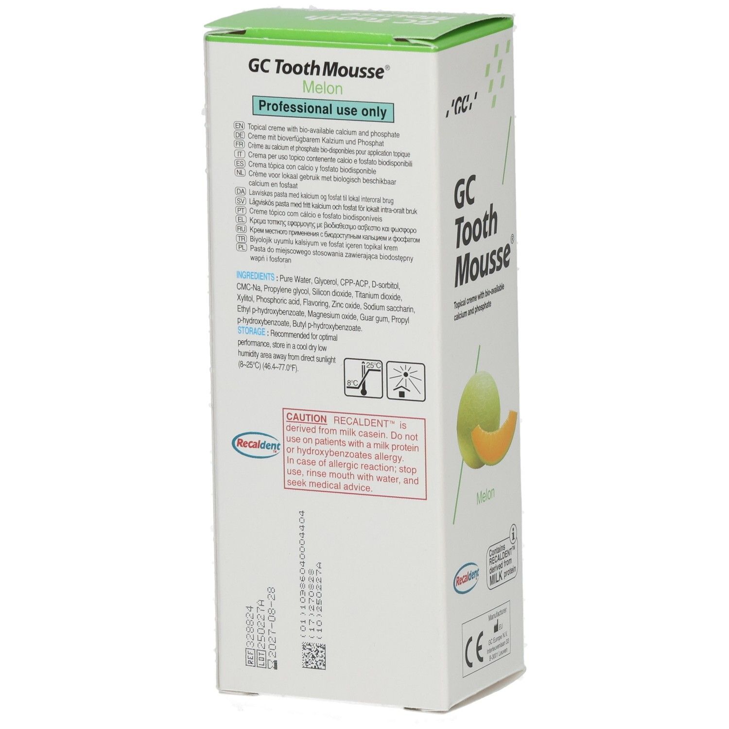 Dos de l'emballage GC Tooth Mousse. Contient ingrédients et avertissements. Saveur melon.