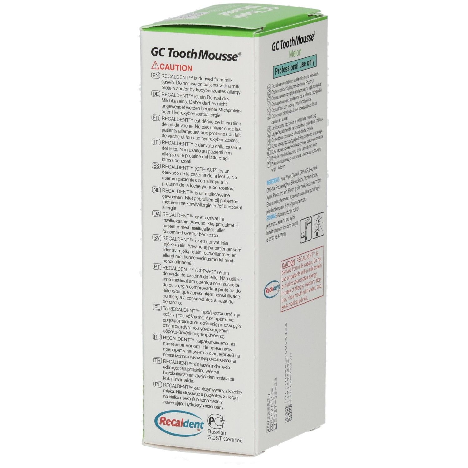 Emballage de GC Tooth Mousse, saveur melon. Contient calcium et phosphate. Avec protéine de lait.