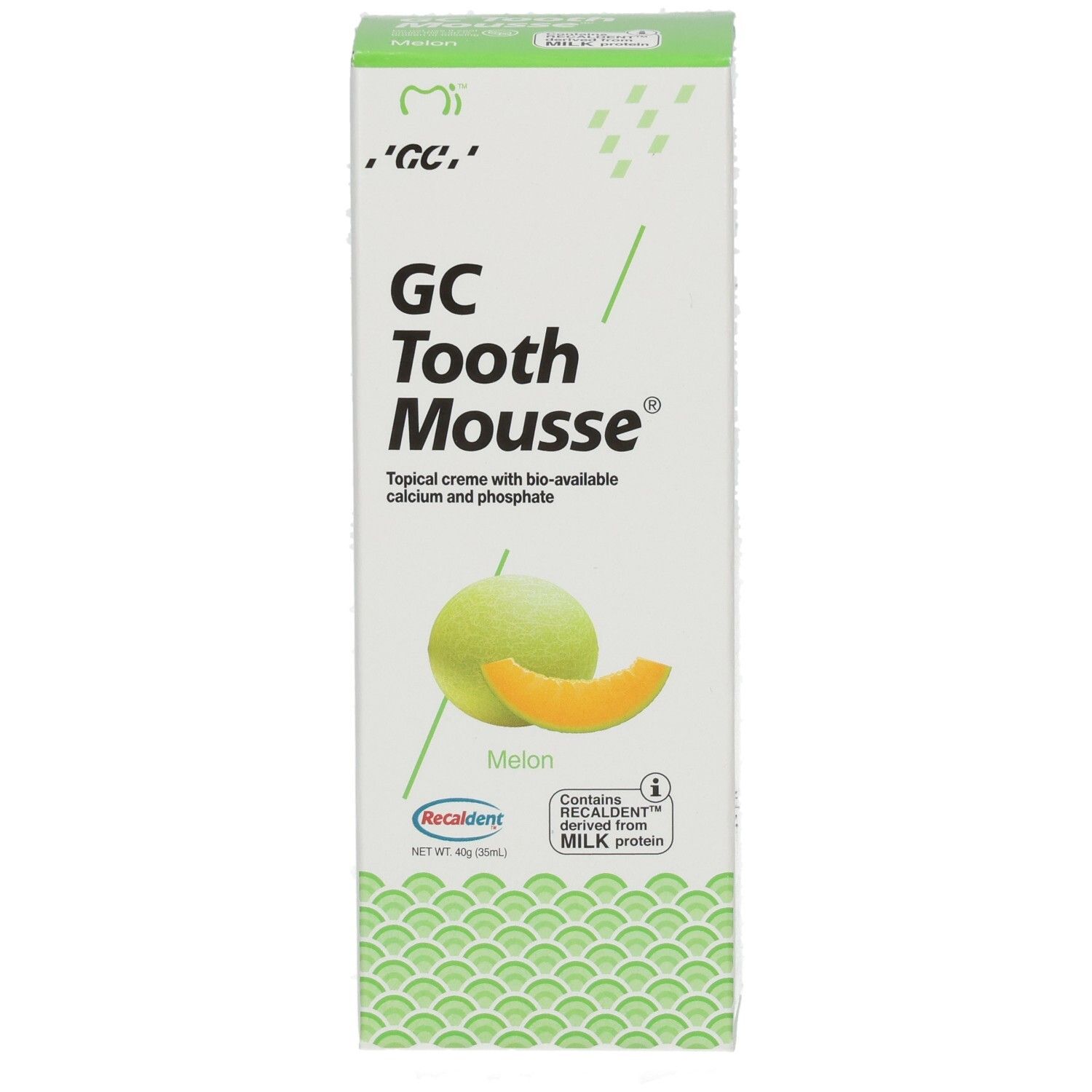 Emballage de GC Tooth Mousse, saveur melon. Contient calcium et phosphate. Avec protéine de lait.