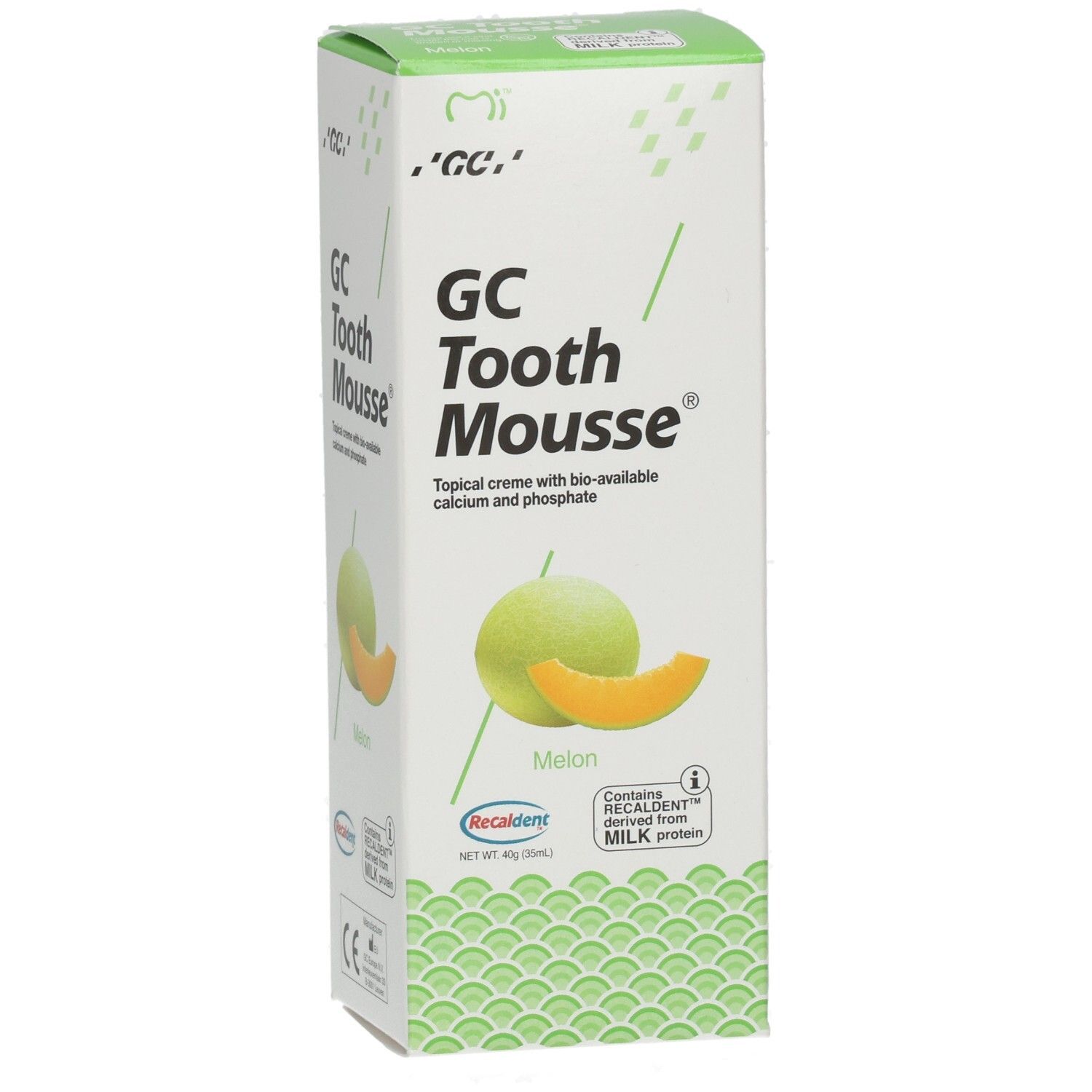 Emballage de GC Tooth Mousse, saveur melon. Contient calcium et phosphate. Avec protéine de lait.