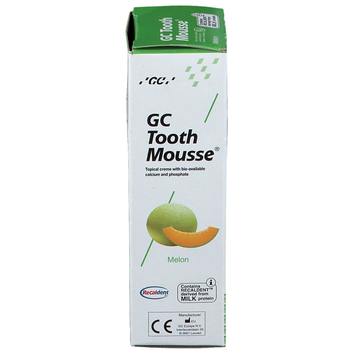 Emballage de GC Tooth Mousse, saveur melon. Contient calcium et phosphate. Avec protéine de lait.