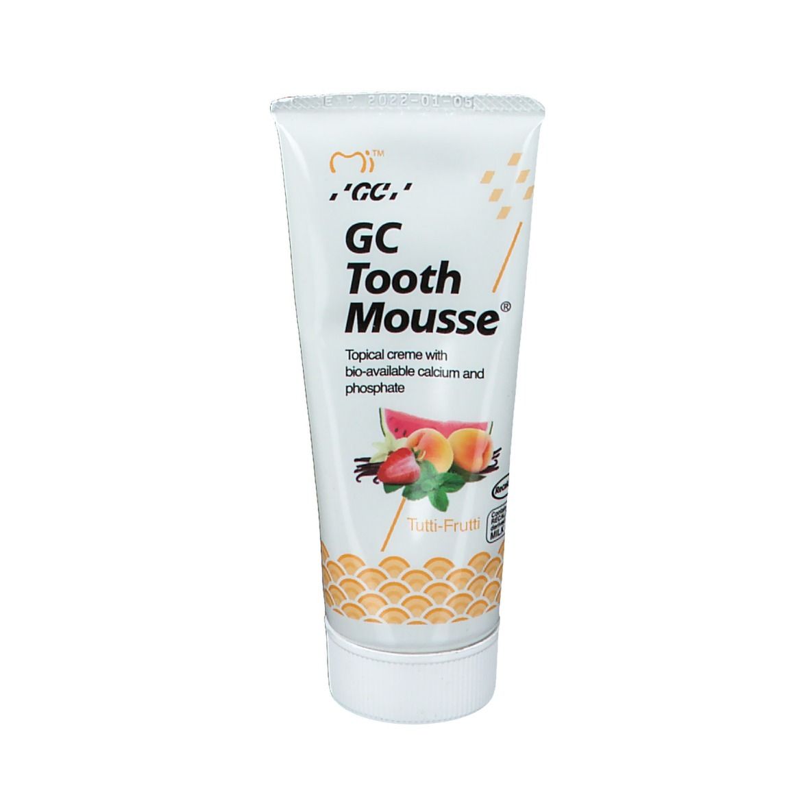 Tube de crème dentaire GC Tooth Mousse Tutti Frutti. Illustration de fruits. Tube blanc avec bouchon blanc.