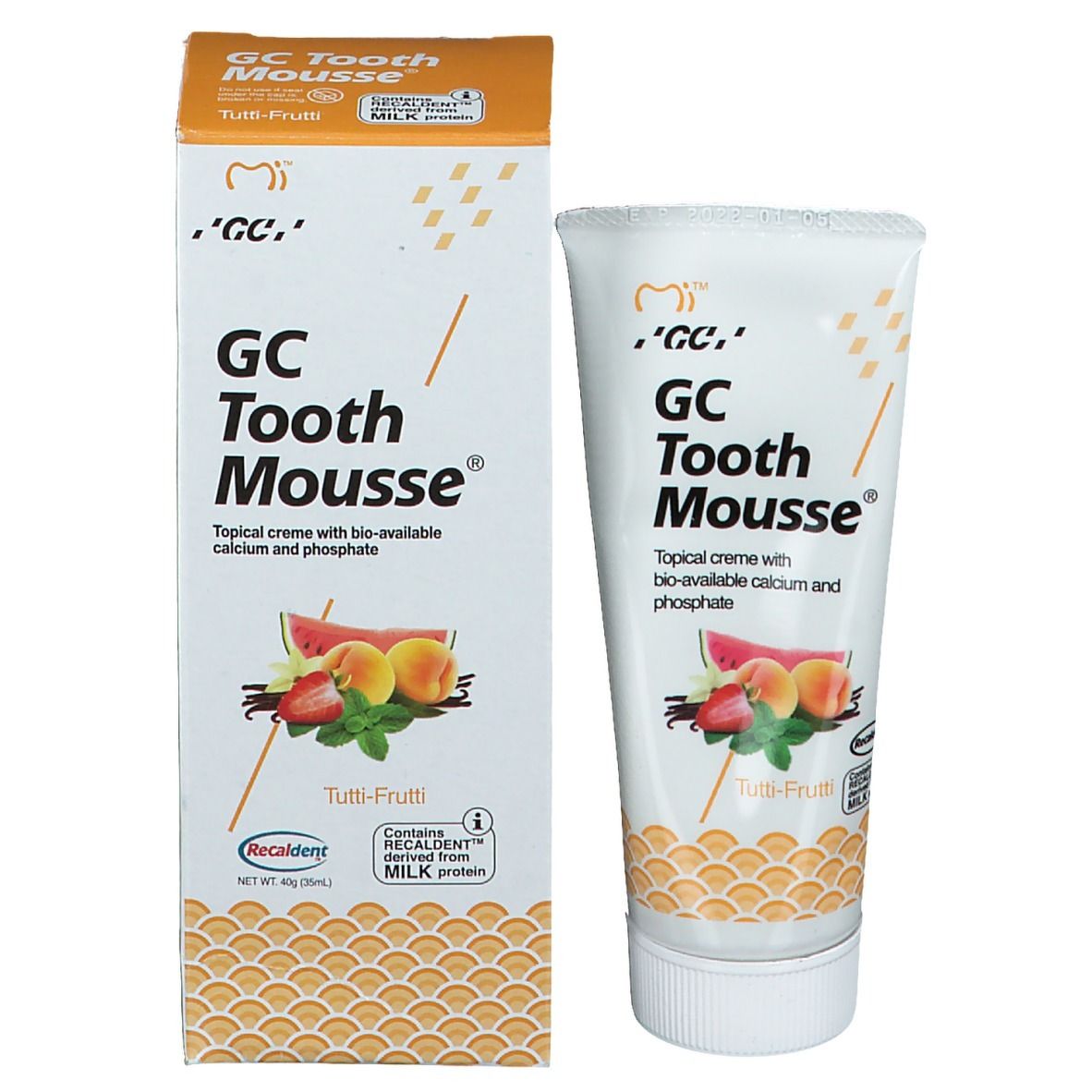 Emballage du produit avec tube GC Tooth Mousse Tutti Frutti. Boîte et tube côte à côte. Illustration de fruits.