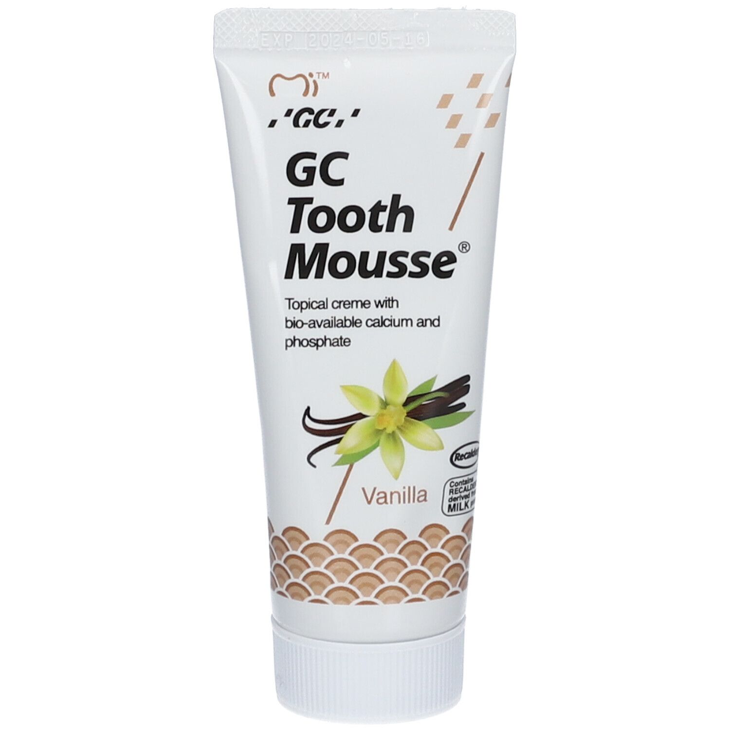 Tube GC Tooth Mousse Vanille avec informations sur le calcium et le phosphate bio-disponibles.