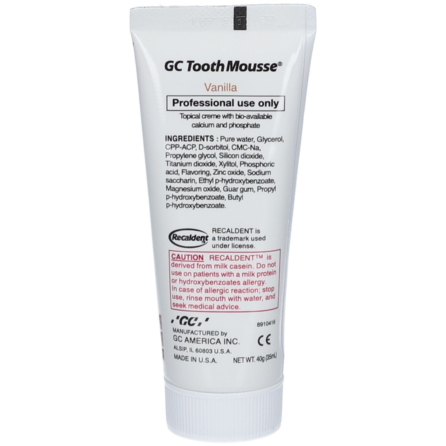 Tube de GC Tooth Mousse, saveur vanille, 40g.