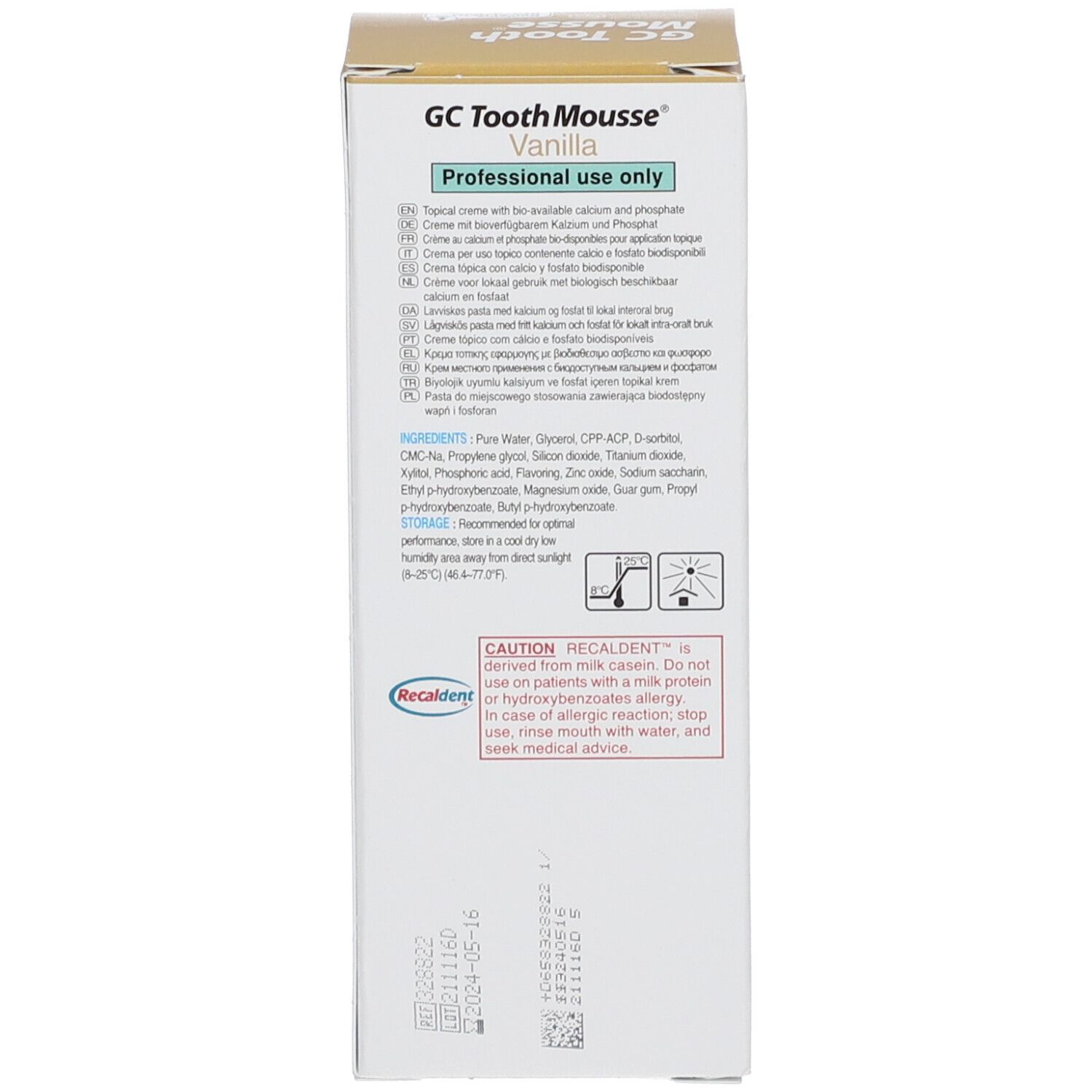GC Tooth Mousse Vanille, usage professionnel. Contient Recaldent.