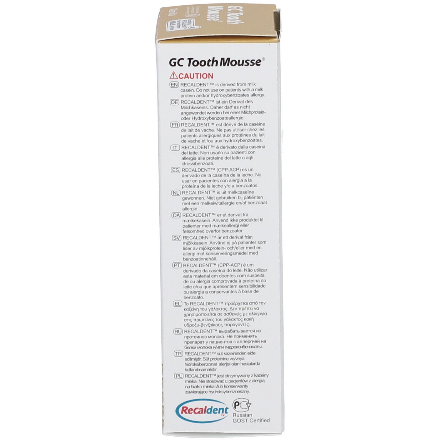 Boîte de GC Tooth Mousse avec avertissements et informations produit multilingues.