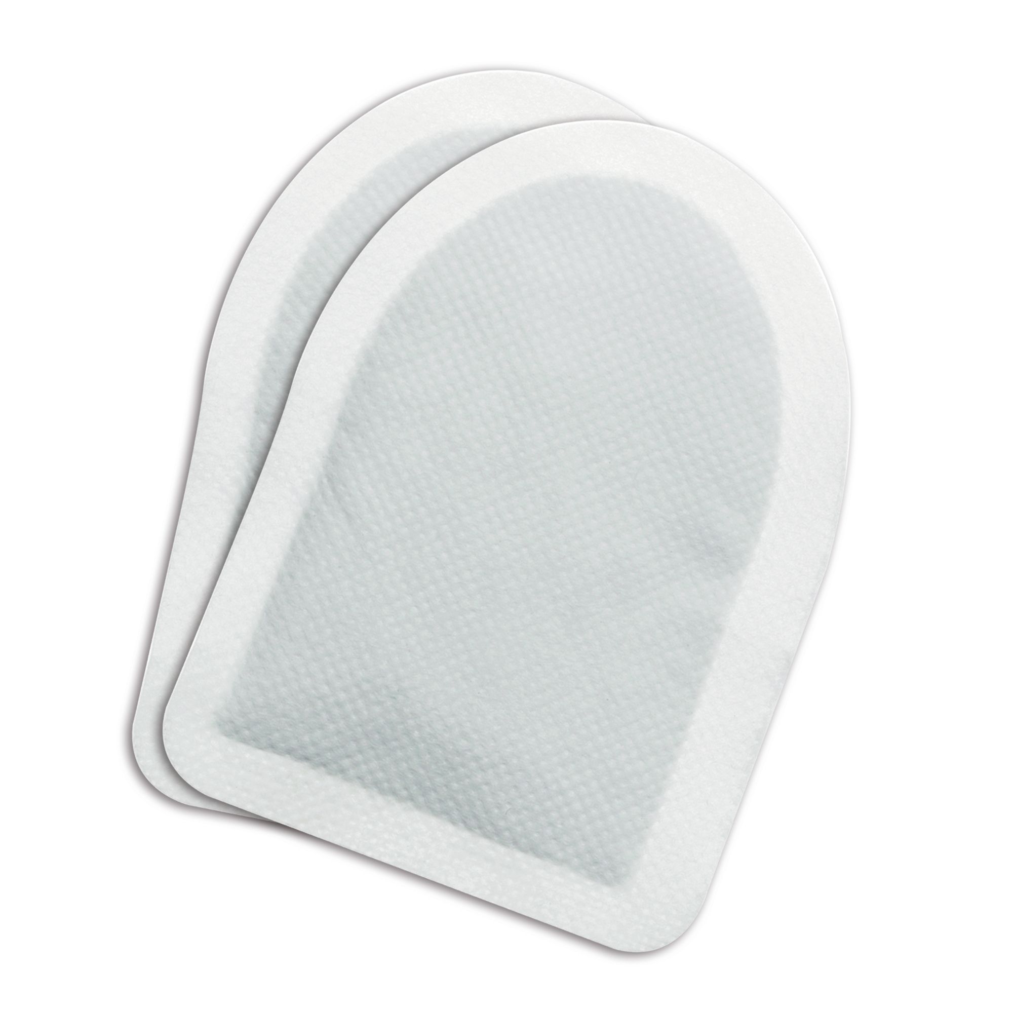 Deux chaufferettes pour les orteils blanches et ovales. Surface supérieure en textile. Forme arrondie.