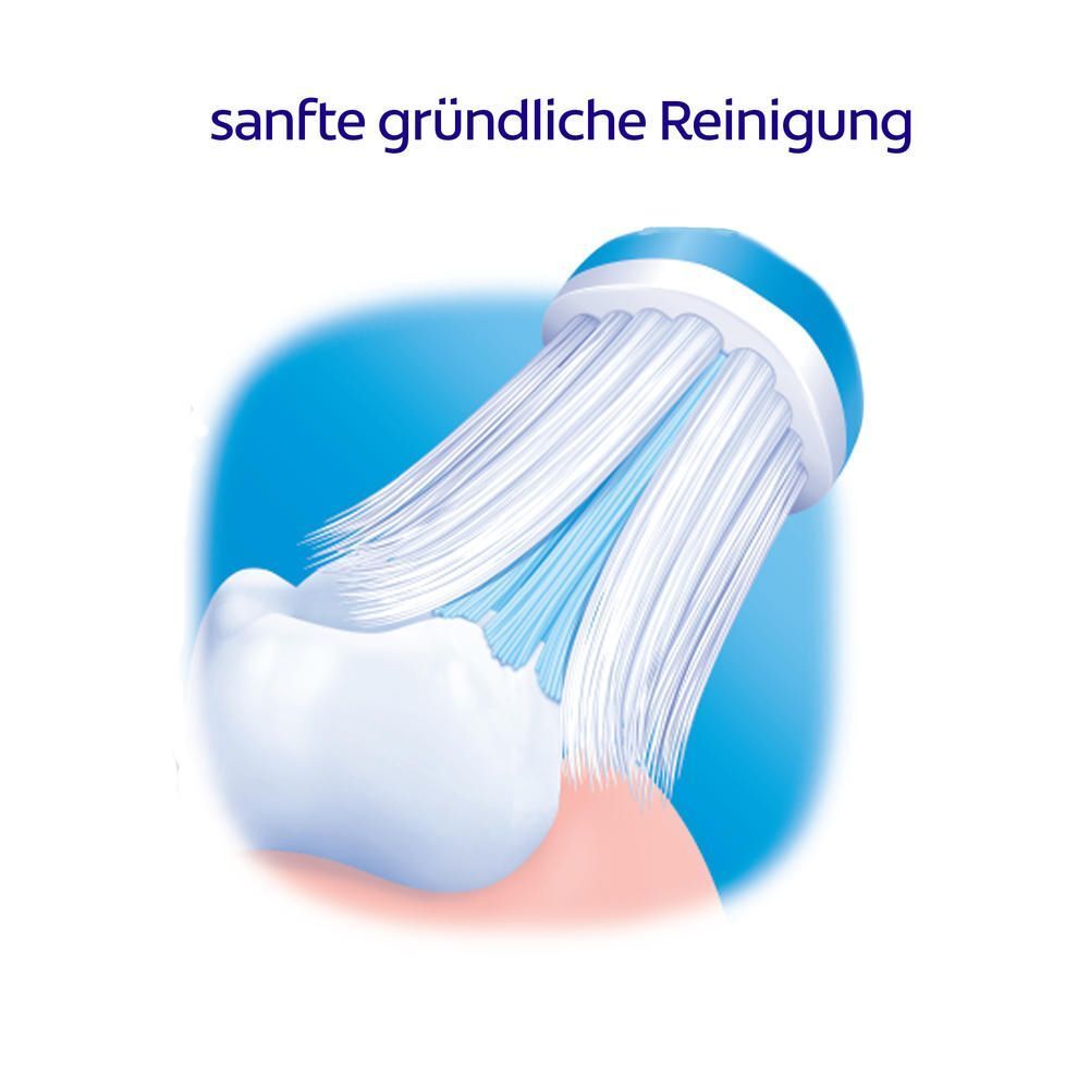 Gros plan sur la tête de brosse à dents. Des poils bleus et blancs nettoient une dent. Texte : nettoyage doux et en profondeur.