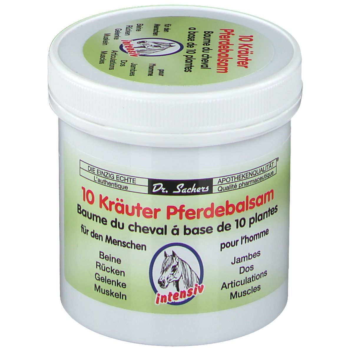 Pot blanc avec couvercle et étiquette verts. Inscription : 10 Kräuter Pferdebalsam. Logo : tête de cheval.