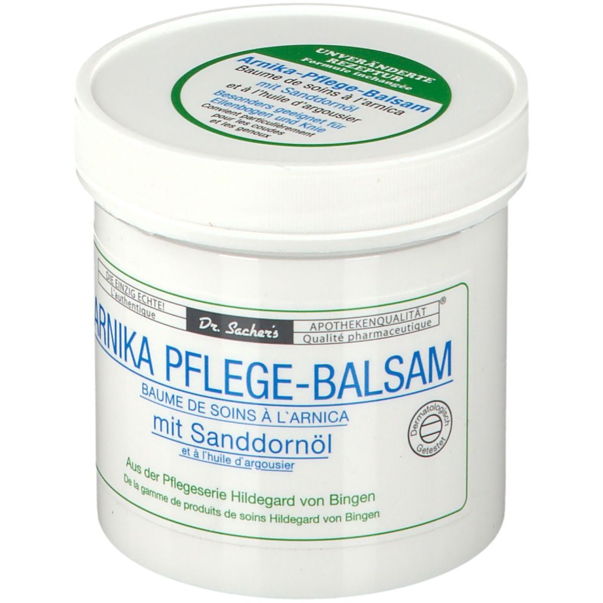 Pot blanc avec texte bleu-vert. Inscription: Arnika Pflege-Balsam mit Sanddornöl. Couvercle avec autocollant vert.