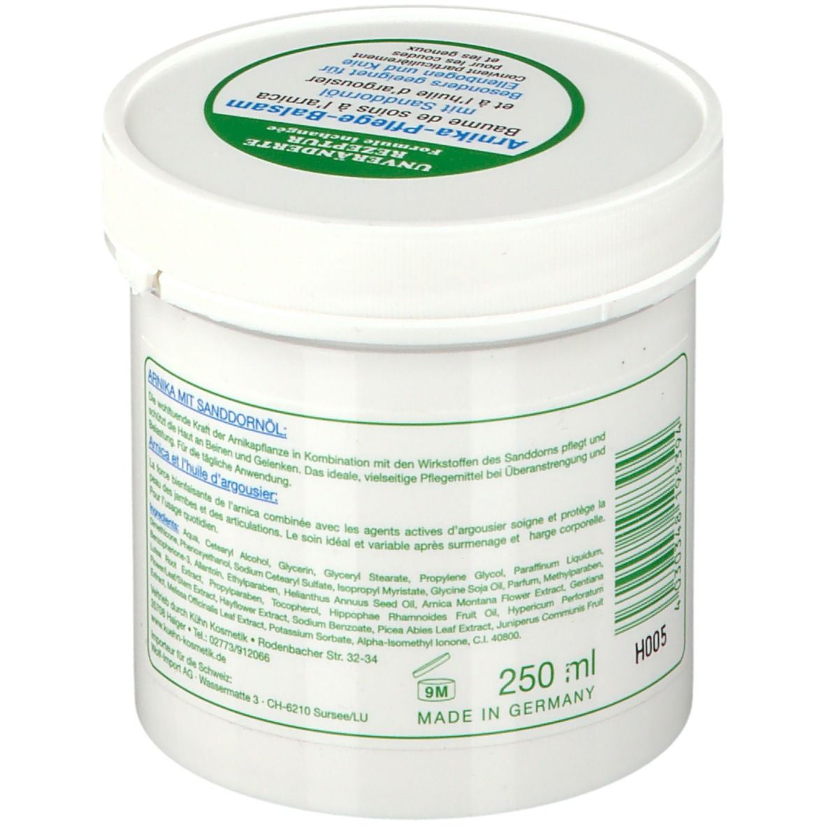 Pot blanc avec texte bleu-vert. Inscription: Arnika Pflege-Balsam mit Sanddornöl. Dos avec ingrédients et 250 ml.