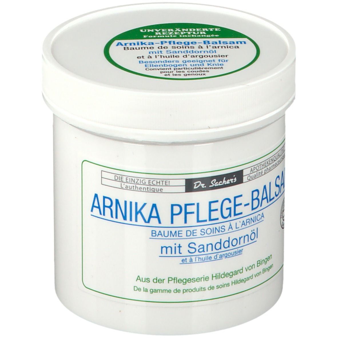 Pot blanc avec texte bleu-vert. Inscription: Arnika Pflege-Balsam mit Sanddornöl. Couvercle avec autocollant vert.