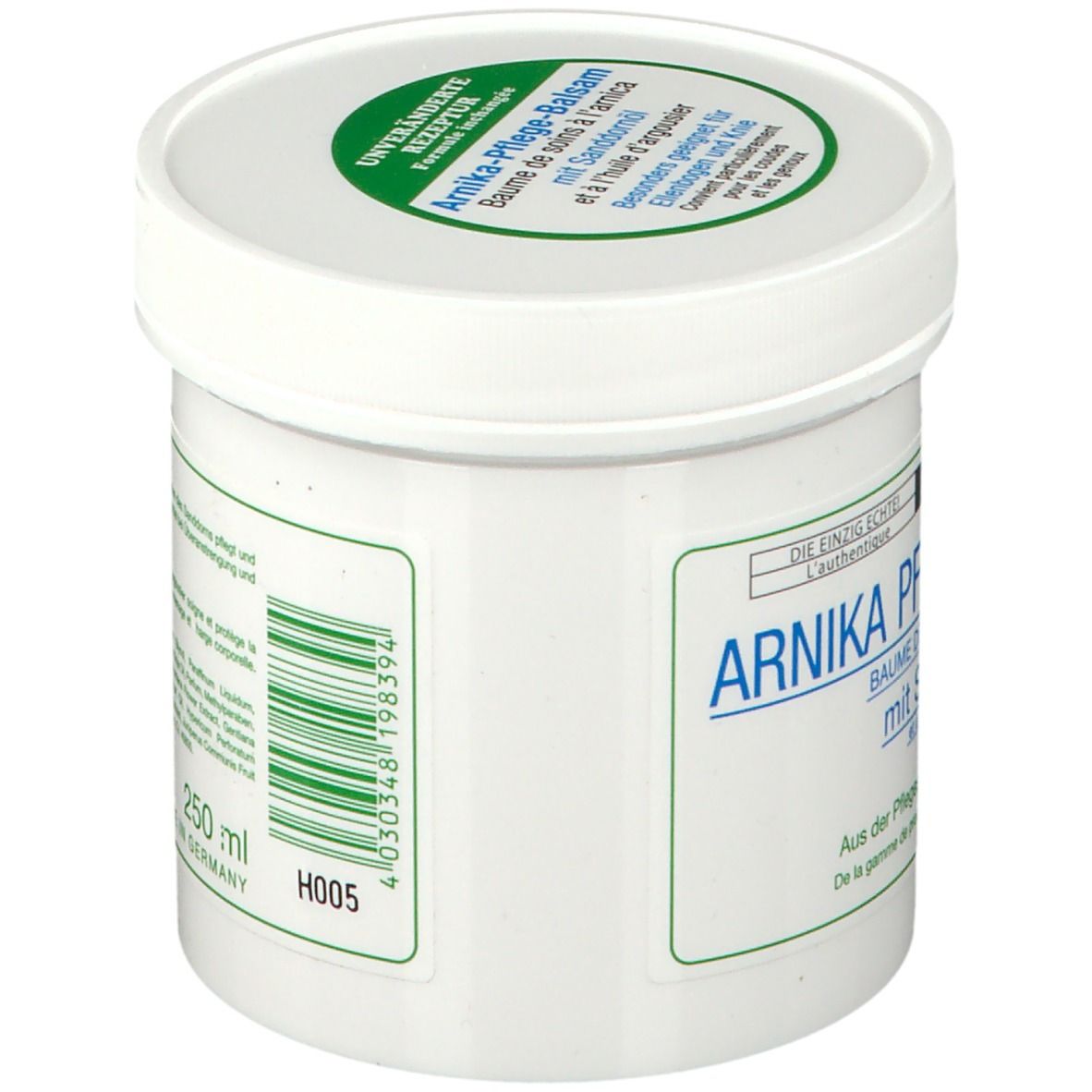 Pot blanc avec texte bleu-vert. Inscription: Arnika Pflege-Balsam mit Sanddornöl. Dos avec ingrédients et 250 ml.