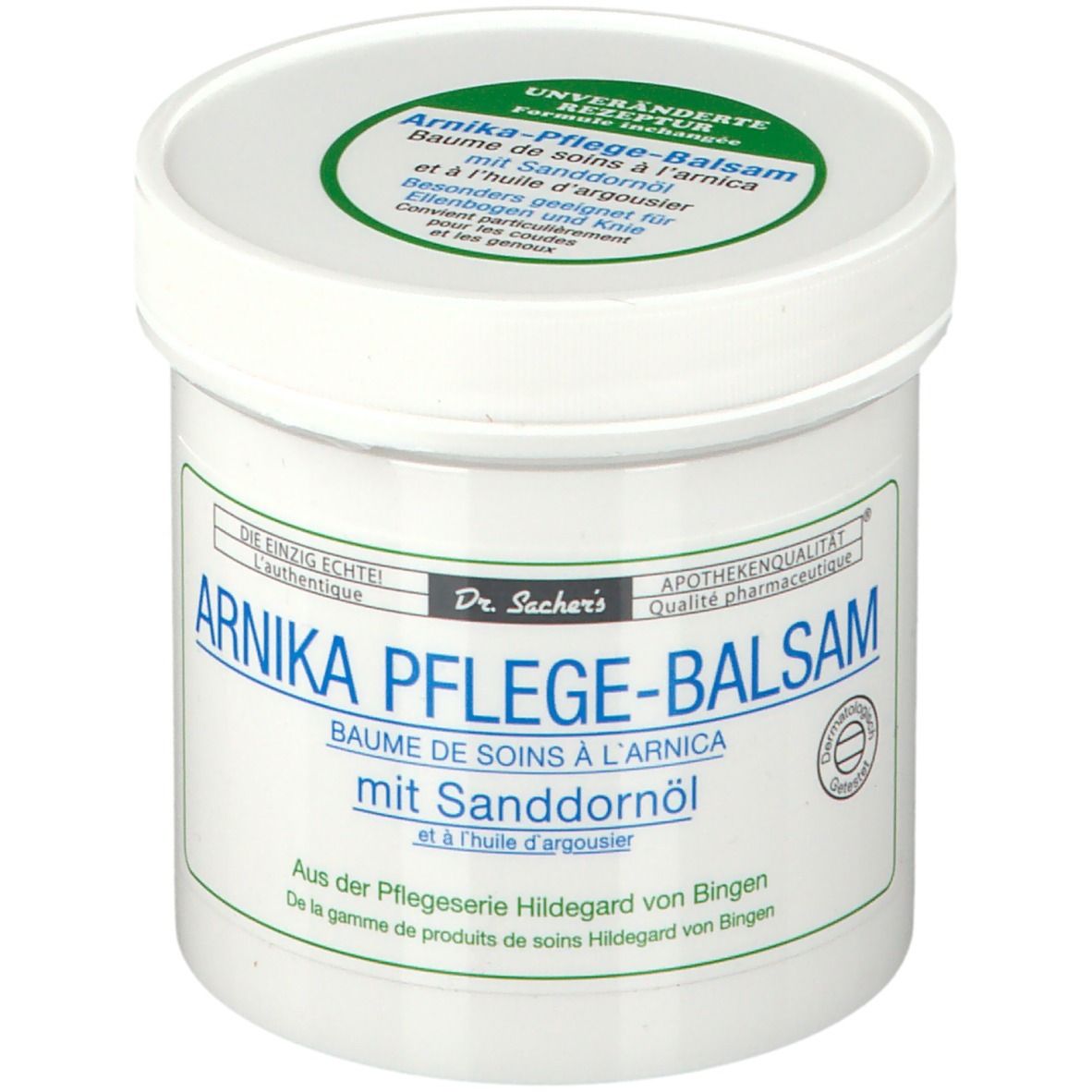 Pot blanc avec texte bleu-vert. Inscription: Arnika Pflege-Balsam mit Sanddornöl. Couvercle avec autocollant vert.