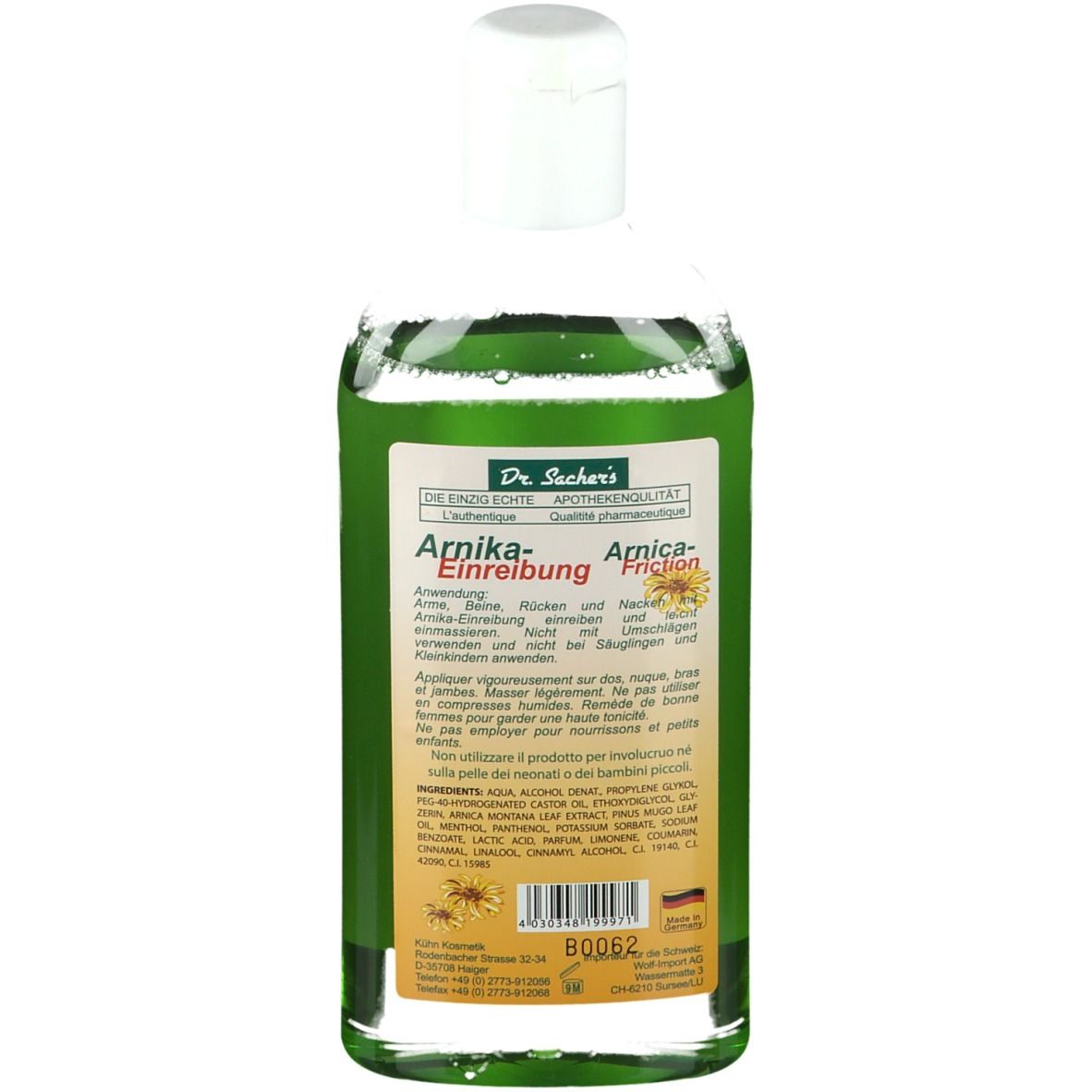 Vue arrière d'une bouteille de liquide vert avec bouchon blanc. Étiquette avec informations sur le produit et ingrédients.