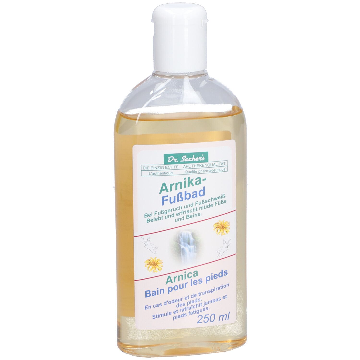 Flacon transparent avec liquide jaunâtre. Étiquette avec nom du produit et illustrations florales. Bouchon blanc.