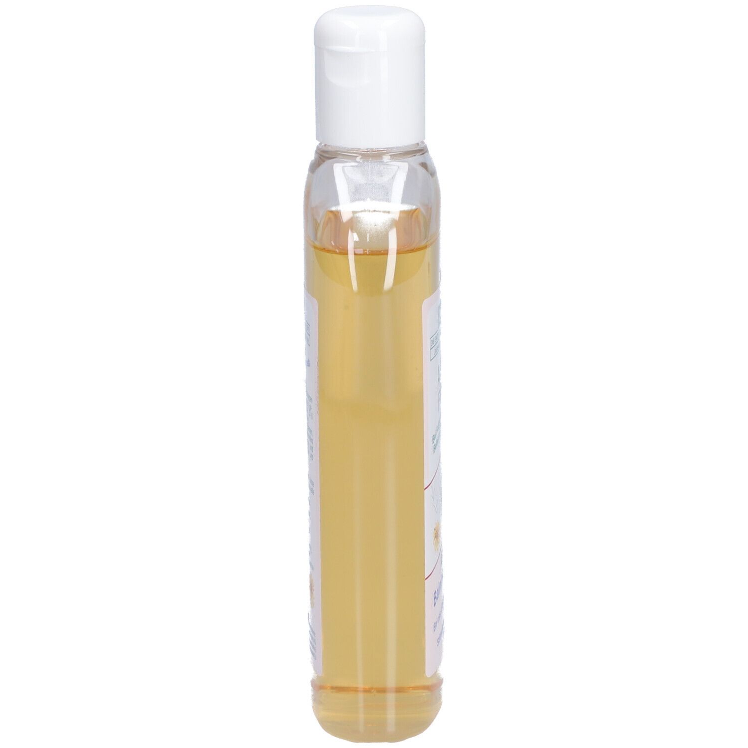 Flacon étroit et transparent avec liquide jaunâtre. Bouchon blanc. Vue latérale.