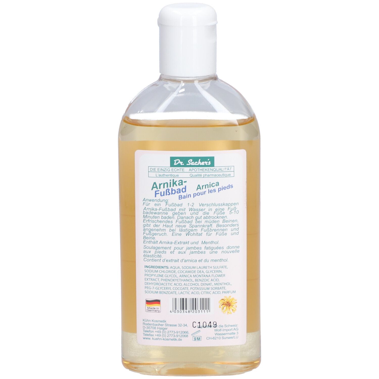 Dos du flacon. Étiquette avec informations produit, ingrédients et fabricant. Fleur jaune.