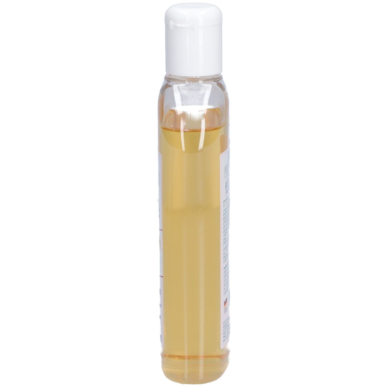 Flacon étroit et transparent avec liquide jaunâtre. Bouchon blanc. Vue latérale.