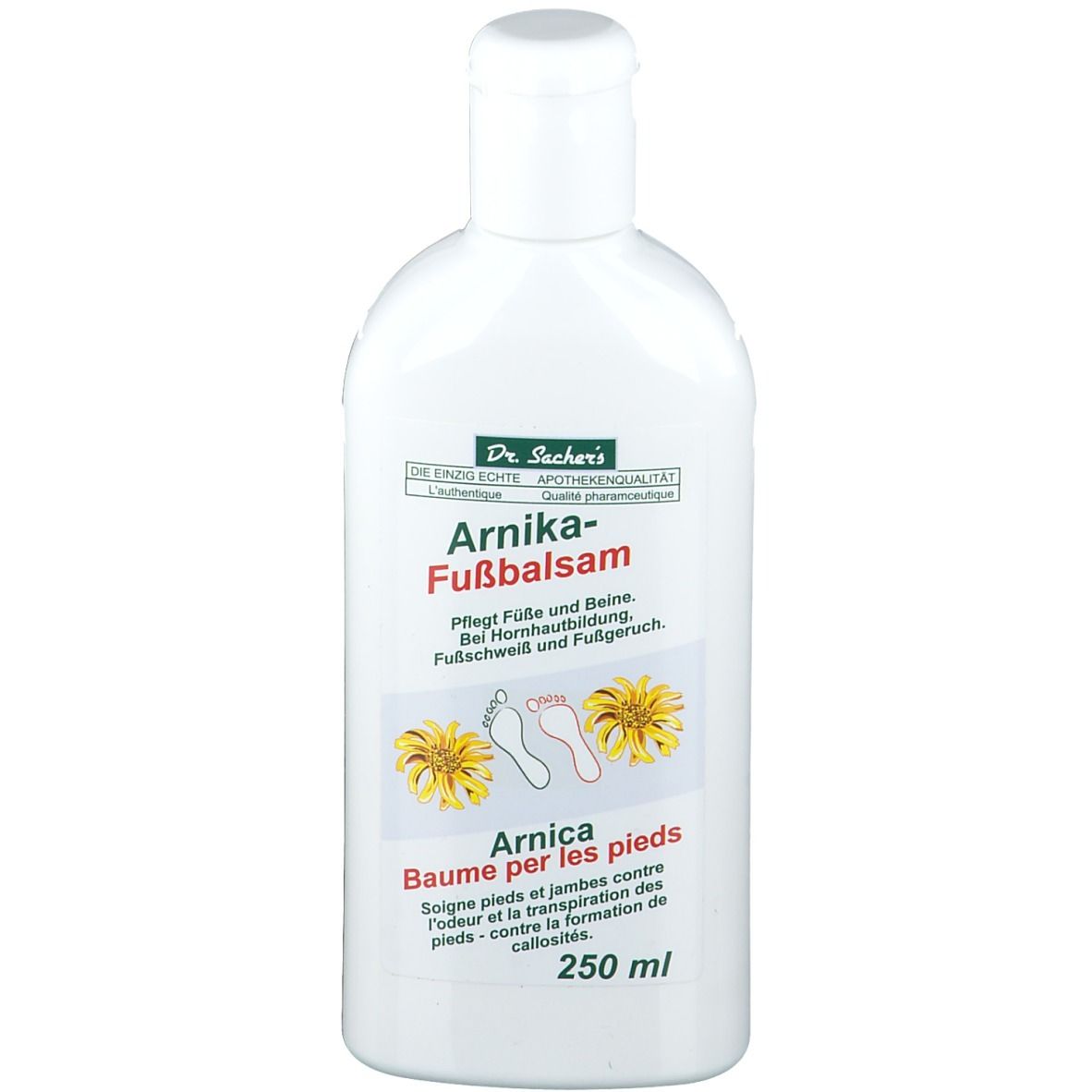 Flacon blanc avec bouchon à vis. Inscription: Arnika-Fußbalsam. Illustrations de pieds et de tournesols. 250 ml.