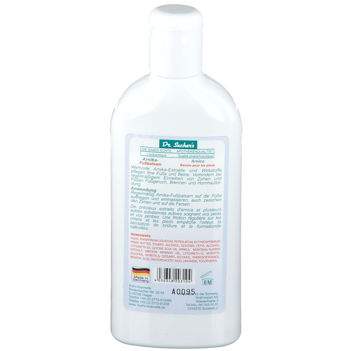 Dos du flacon blanc. Texte avec ingrédients et instructions d'utilisation. Code-barres et pays d'origine : Allemagne.