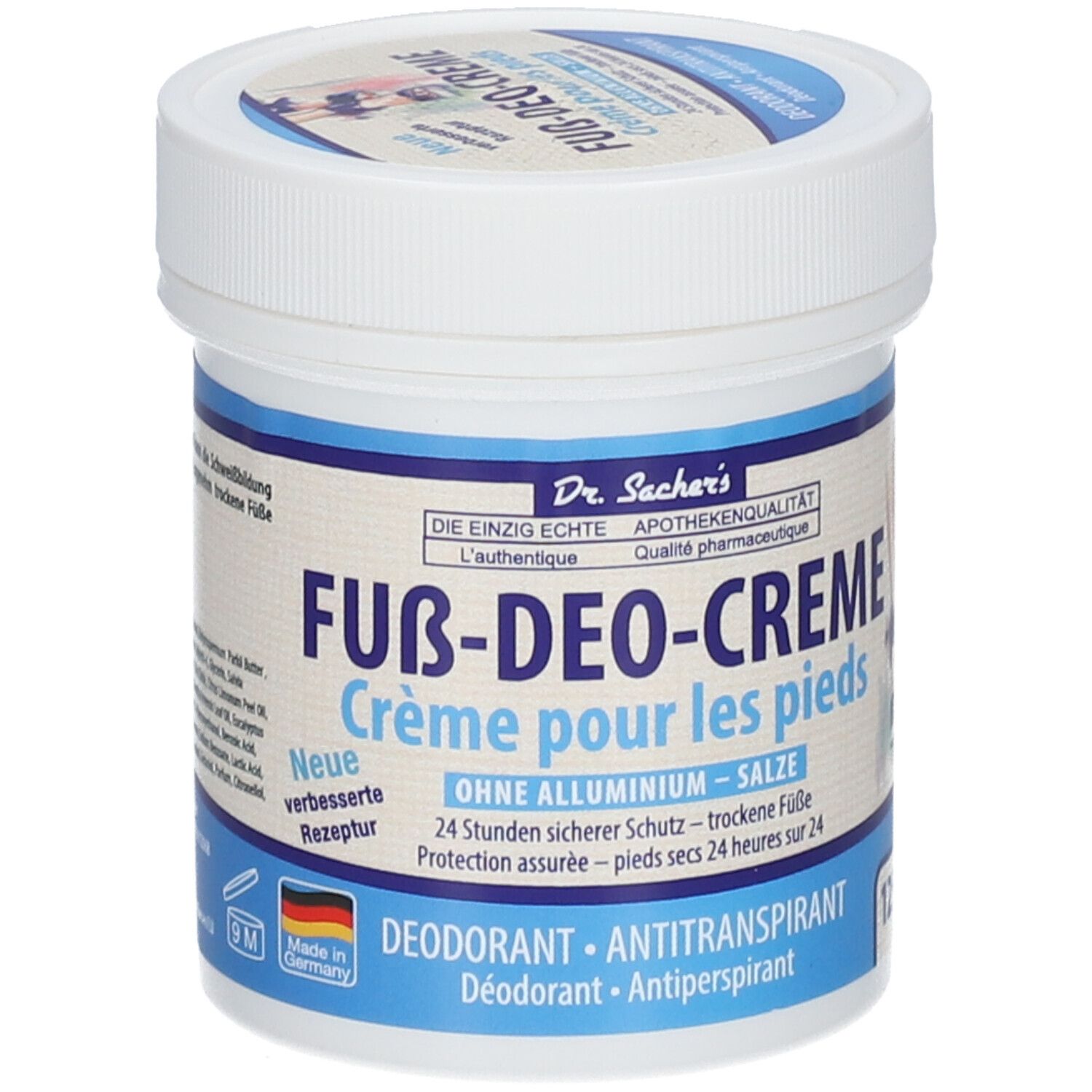 Pot blanc avec couvercle bleu. Inscription: Fuß-Deo-Creme, sans aluminium, déodorant, antitranspirant. Qualité pharmacie.