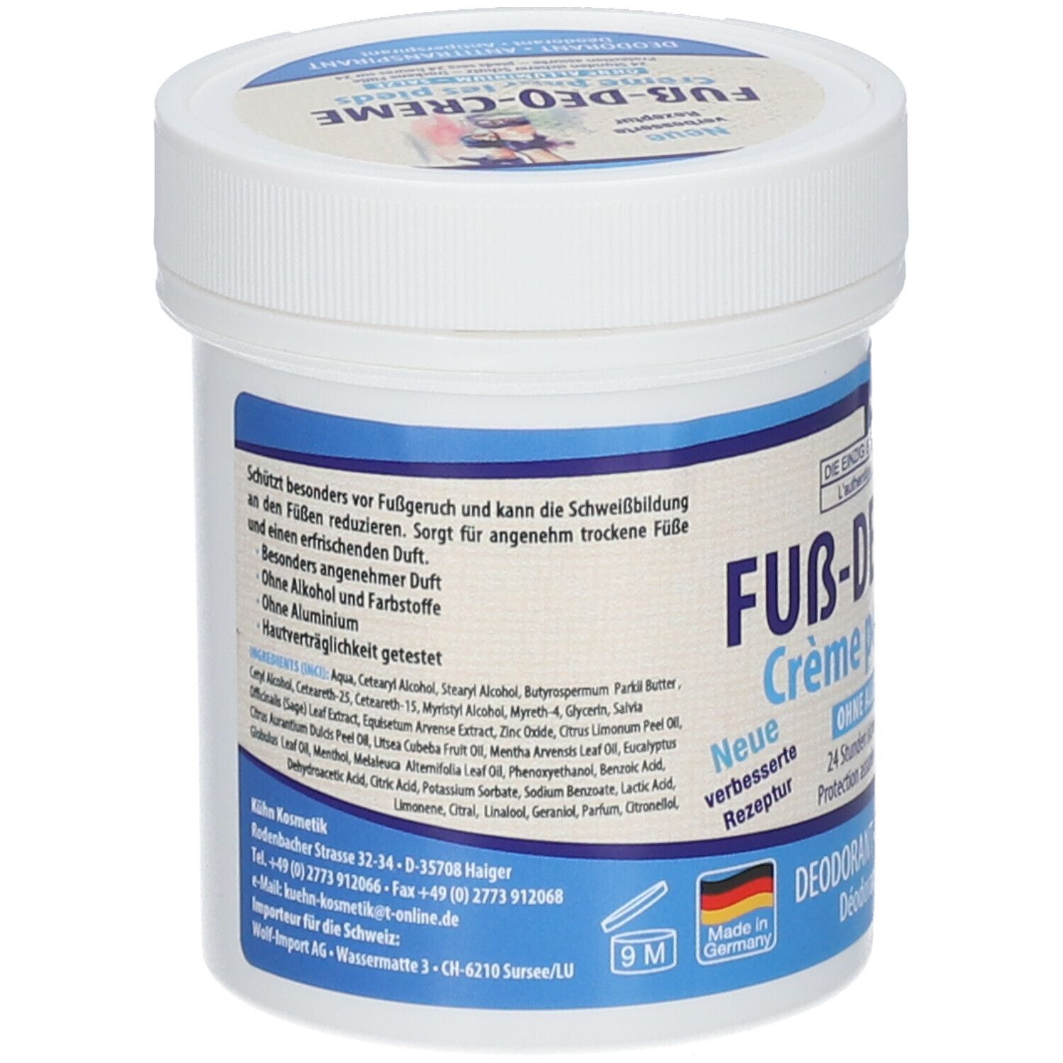 Pot blanc avec inscription bleue. Contient des ingrédients. Inscription: Fuß-Deo-Creme, sans aluminium. Fabriqué en Allemagne.