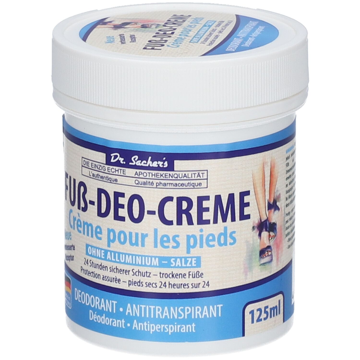 Pot blanc avec couvercle bleu. Inscription: Fuß-Deo-Creme, sans aluminium, déodorant, antitranspirant. 125ml.