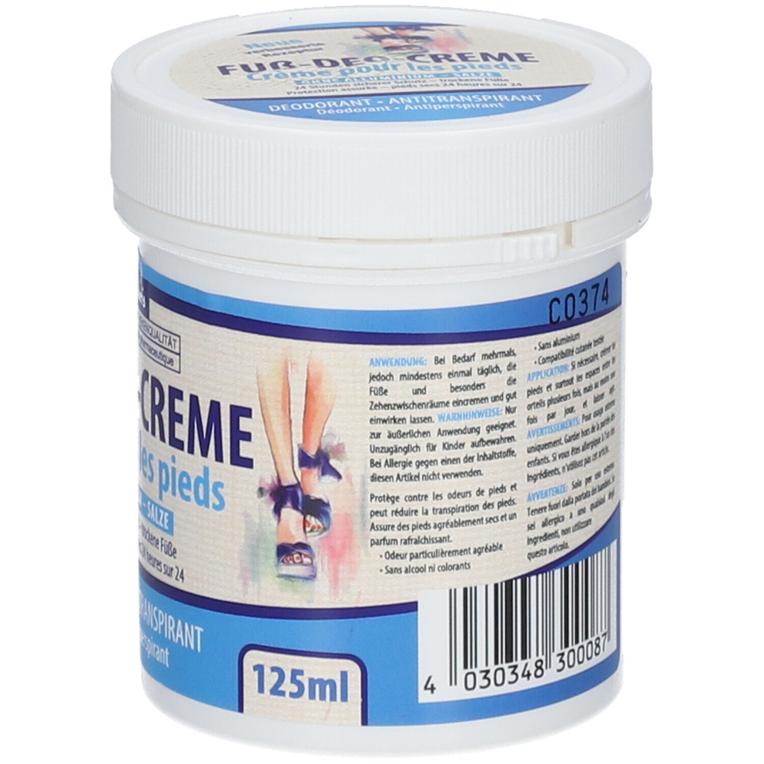 Pot blanc avec inscription bleue. Inscription: Fuß-Deo-Creme, sans aluminium, déodorant, antitranspirant. 125ml.