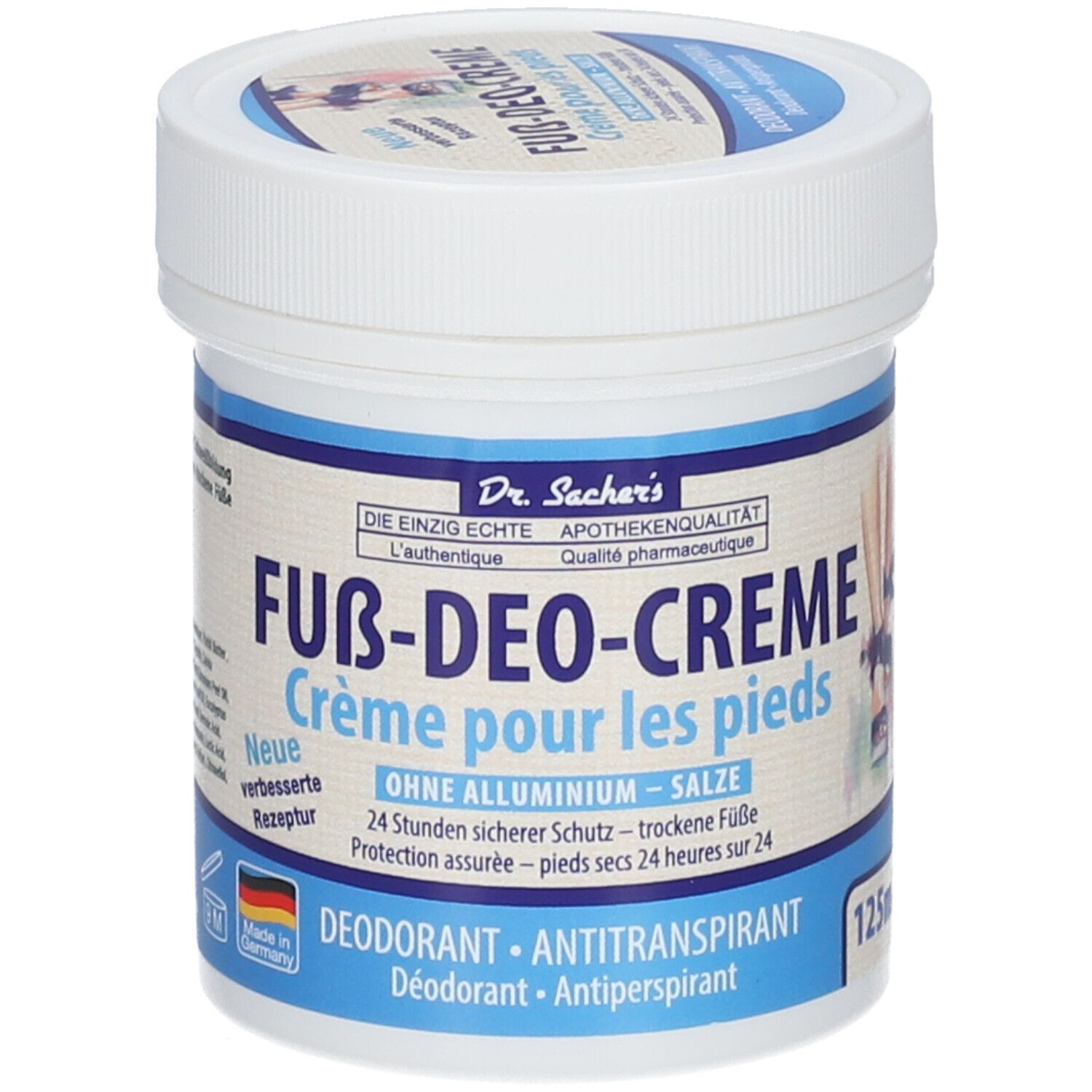 Pot blanc avec couvercle bleu. Inscription: Fuß-Deo-Creme, sans aluminium, déodorant, antitranspirant. Qualité pharmacie.