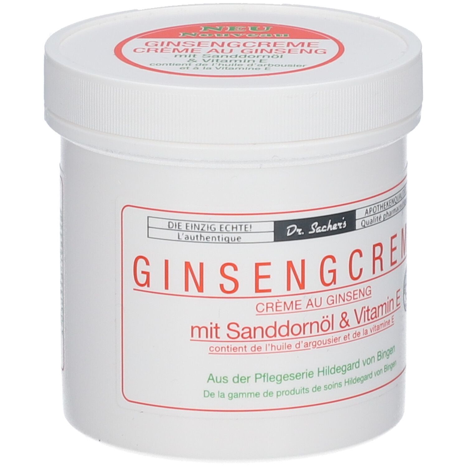 Pot blanc avec étiquette rouge. Inscription: Ginsengcreme mit Sanddornöl & Vitamin E. Marque: Dr. Sacher's.