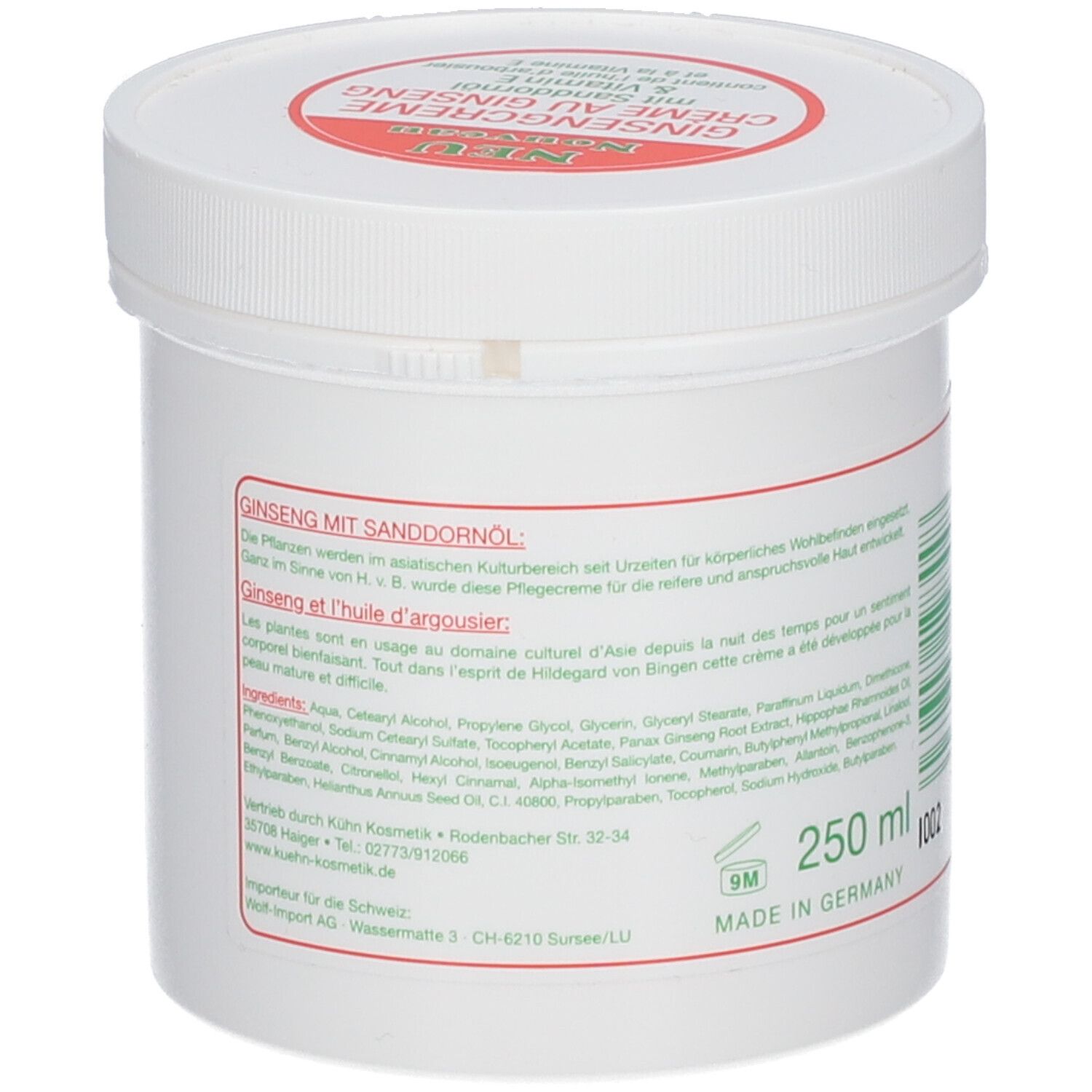Pot blanc, vue arrière. Étiquette rouge avec texte. Inscription: Ginseng mit Sanddornöl. 250 ml. Symbole 9M.