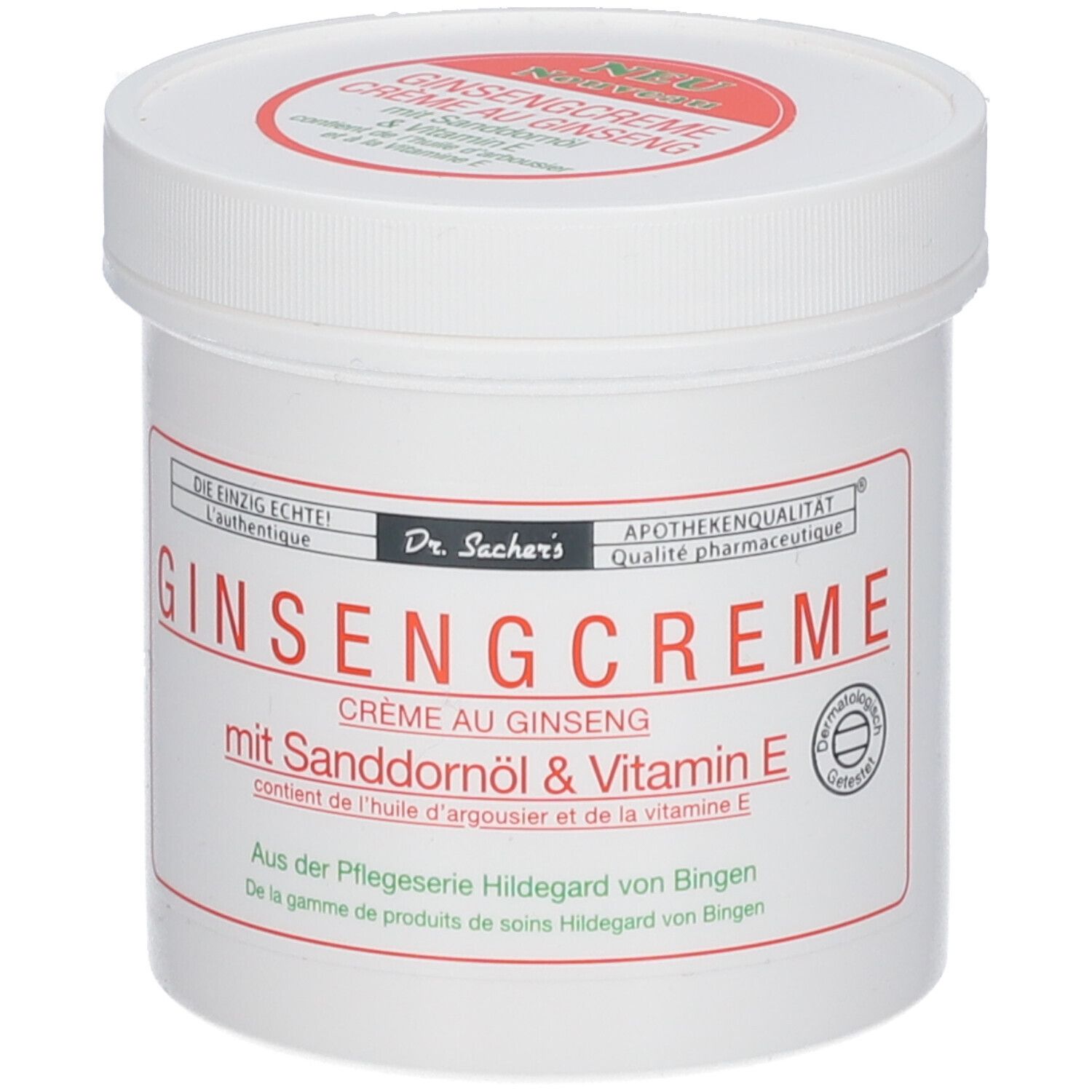 Pot blanc avec étiquette rouge. Inscription: Ginsengcreme mit Sanddornöl & Vitamin E. Marque: Dr. Sacher's. Avec label de qualité.