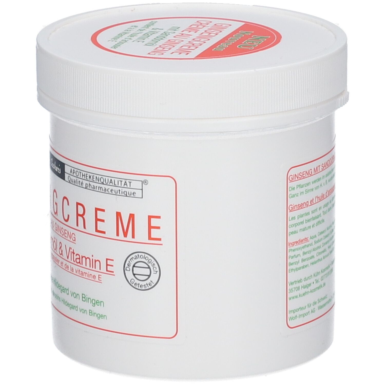 Pot blanc avec étiquette rouge. Inscription: Ginsengcreme mit Sanddornöl & Vitamin E. Marque: Dr. Sacher's. Testé dermatologiquement.